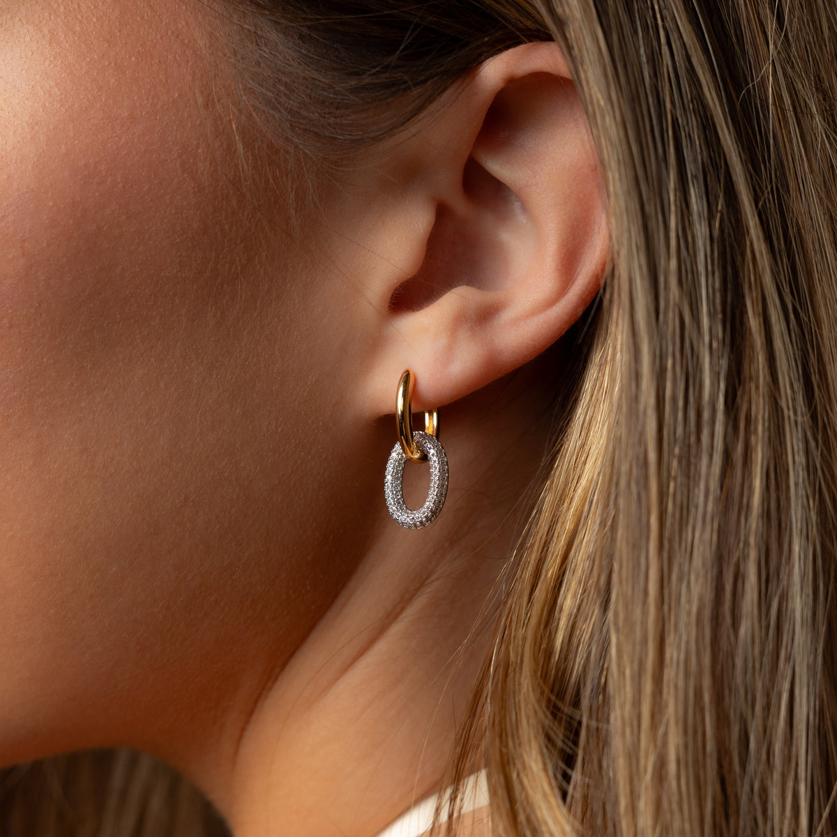 Mixed Metal Linked Pave Hoops