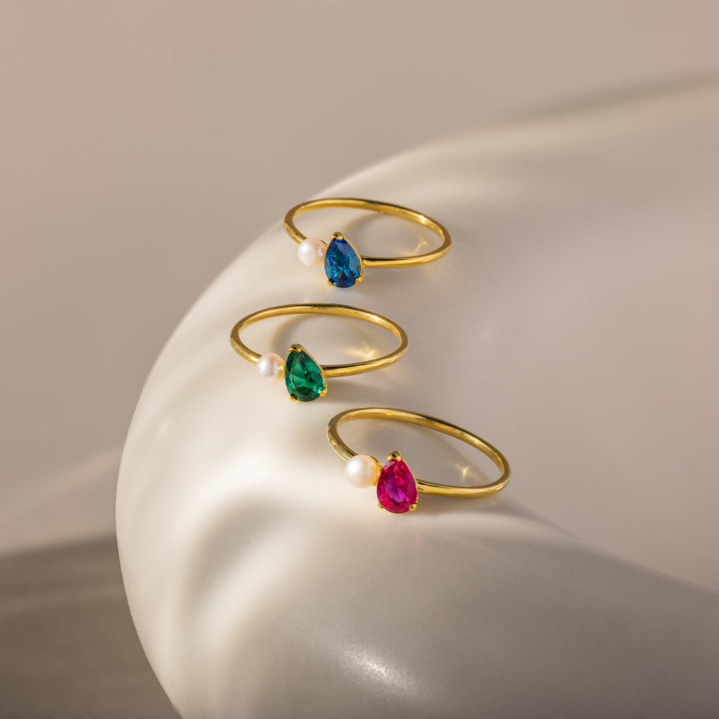 Teardrop Birthstone & Pearl Ring
