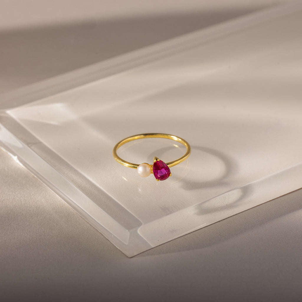 Teardrop Birthstone & Pearl Ring