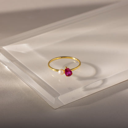 Teardrop Birthstone & Pearl Ring