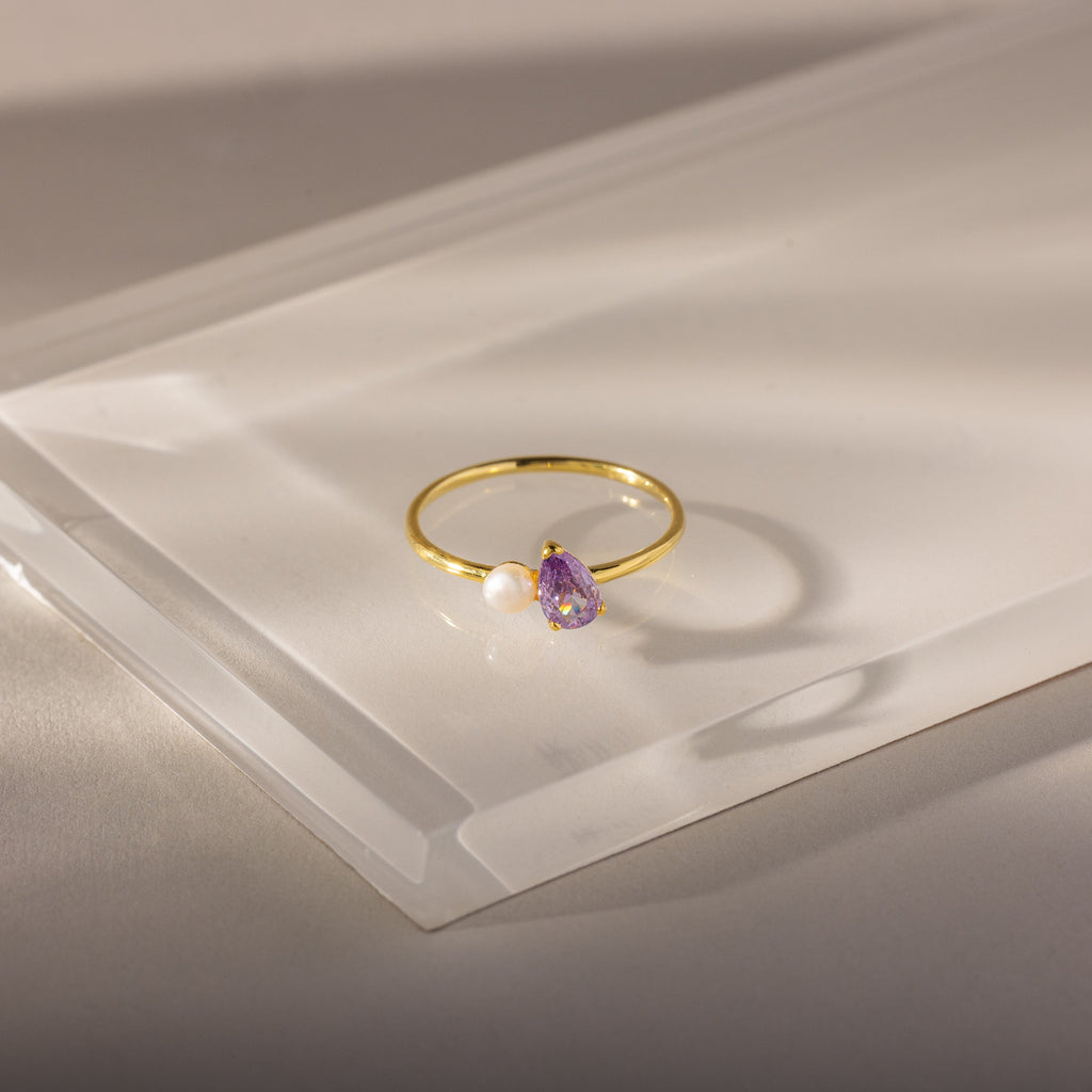 Teardrop Birthstone & Pearl Ring