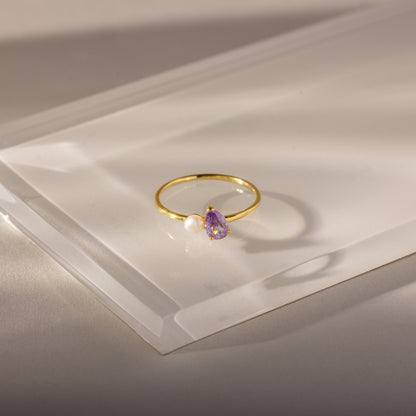 Teardrop Birthstone & Pearl Ring