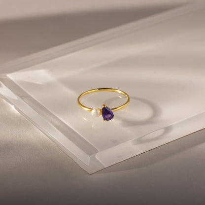 Teardrop Birthstone & Pearl Ring