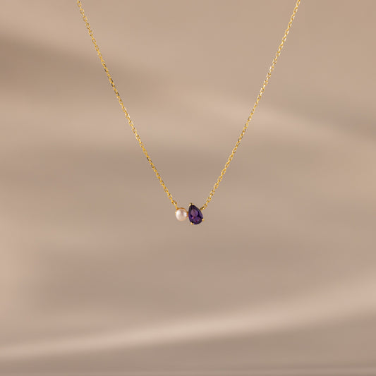 Teardrop Birthstone & Pearl Necklace