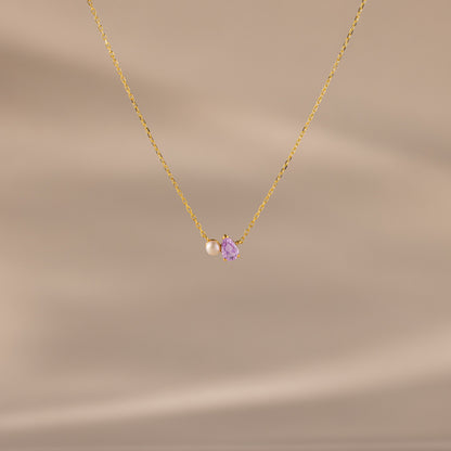 Teardrop Birthstone & Pearl Necklace