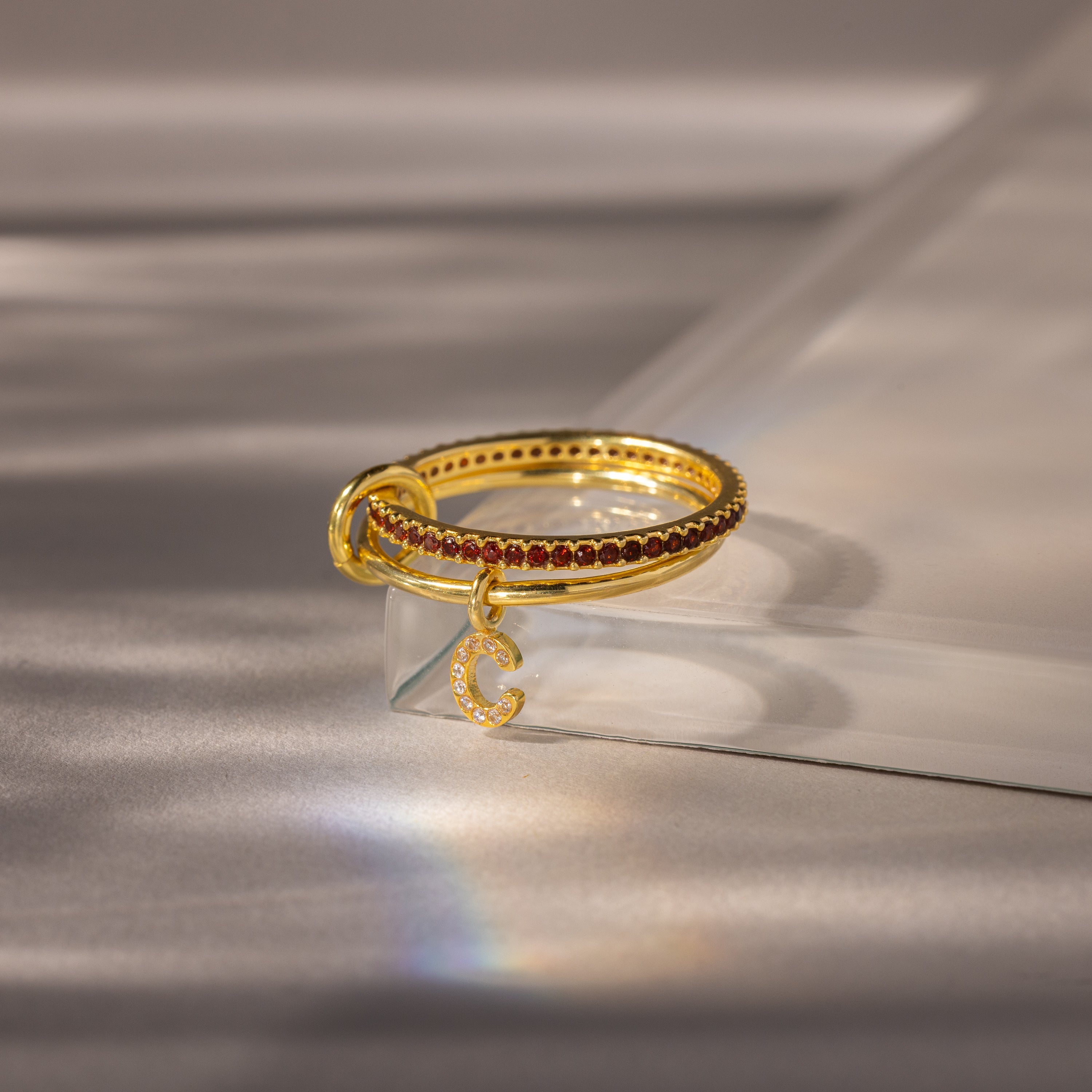 Linked Initial Birthstone Ring Set