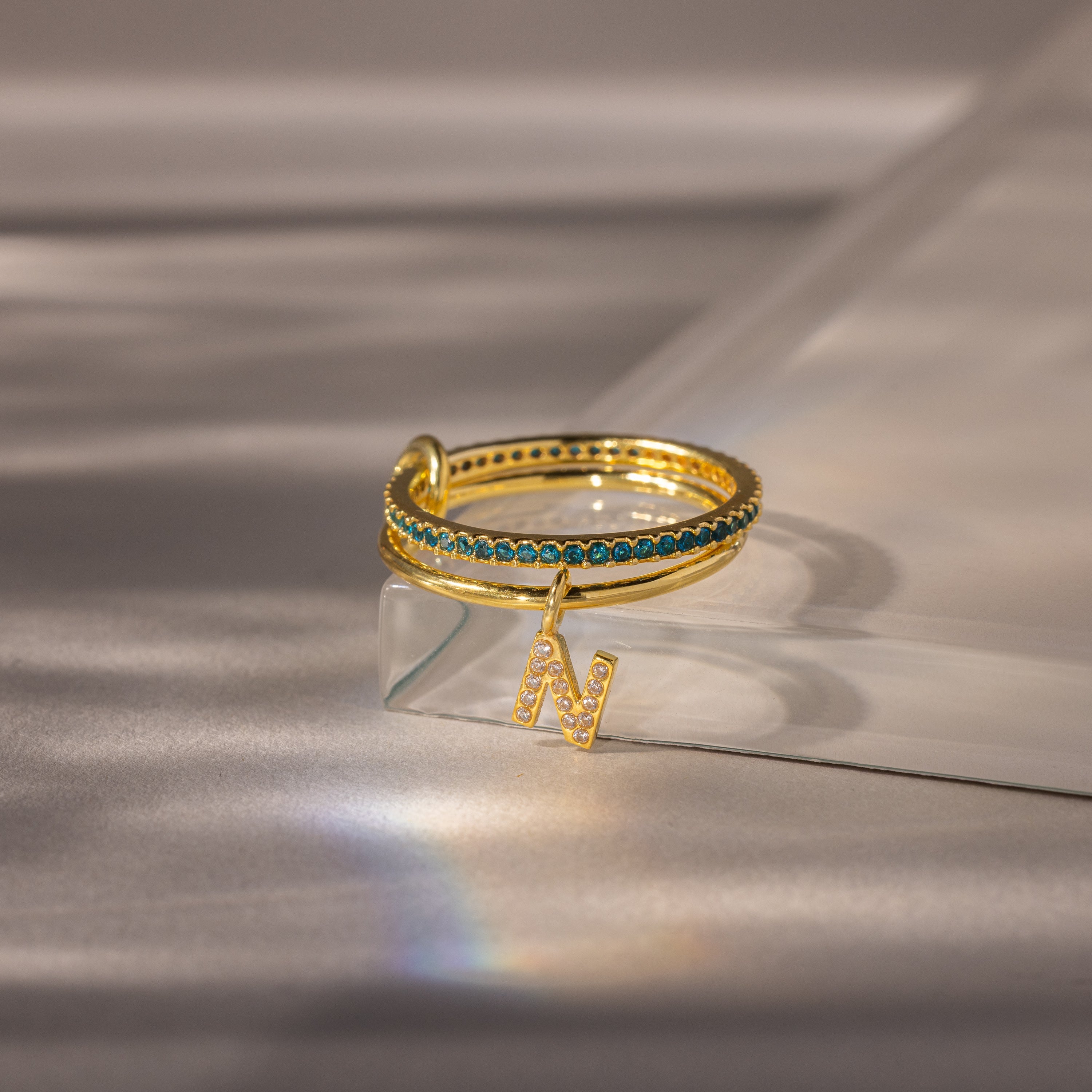 Linked Initial Birthstone Ring Set