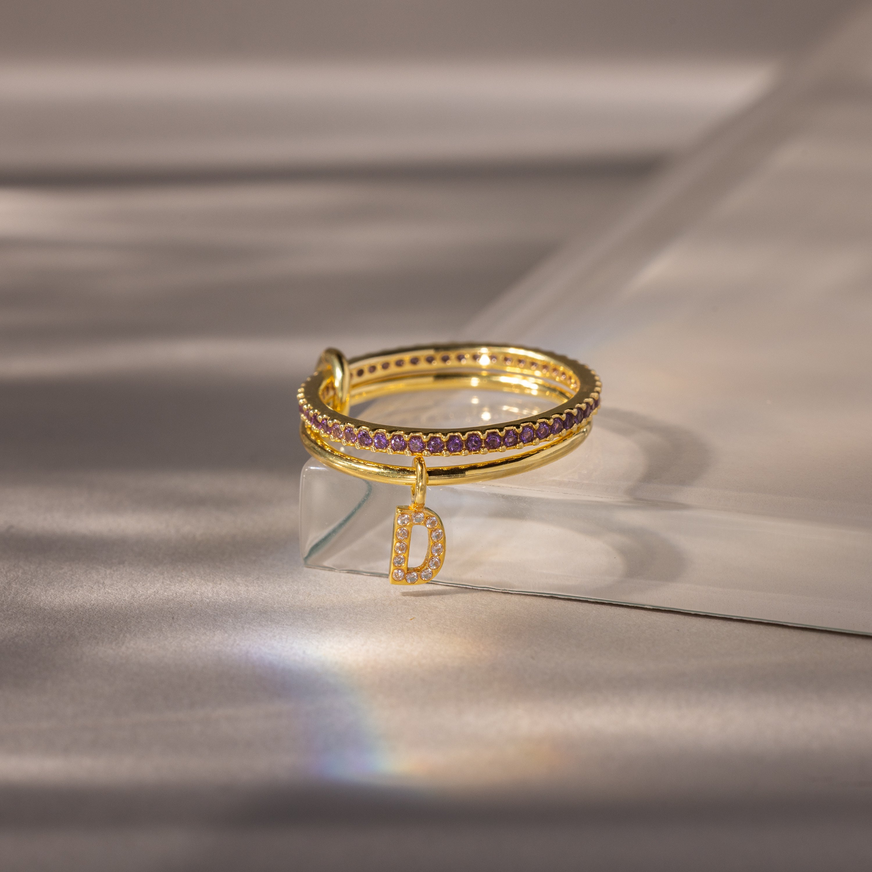 Linked Initial Birthstone Ring Set