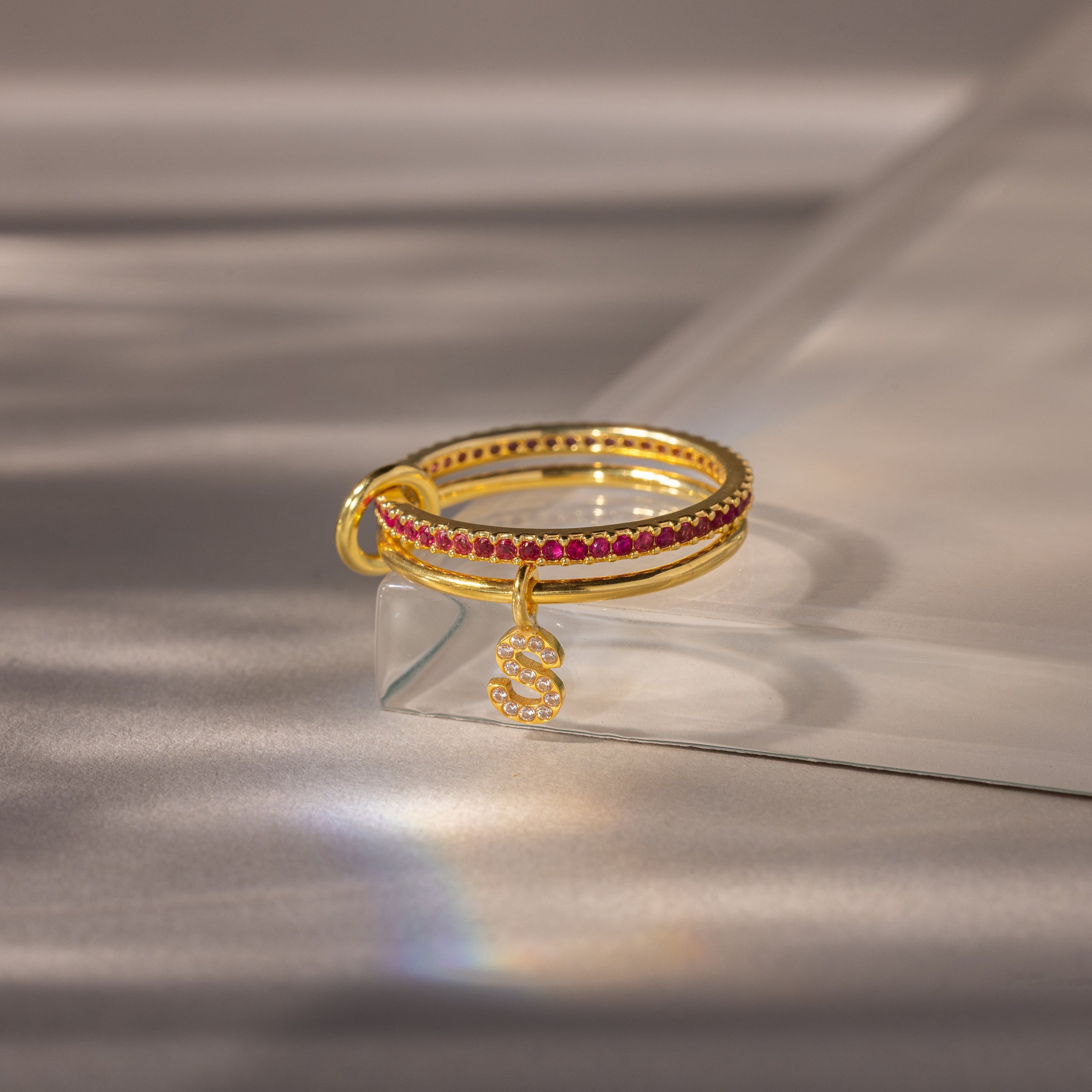 Linked Initial Birthstone Ring Set