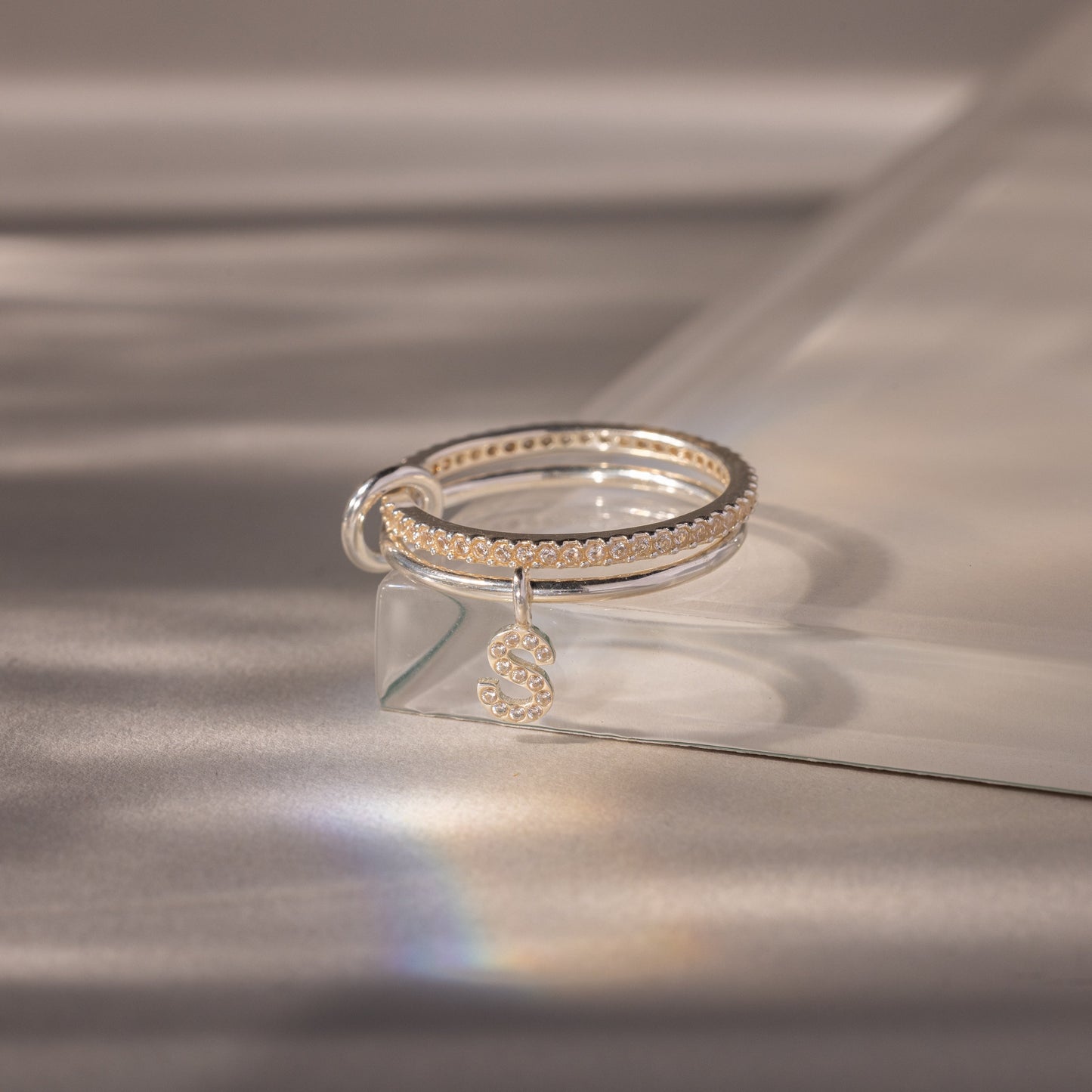 Linked Initial Birthstone Ring Set