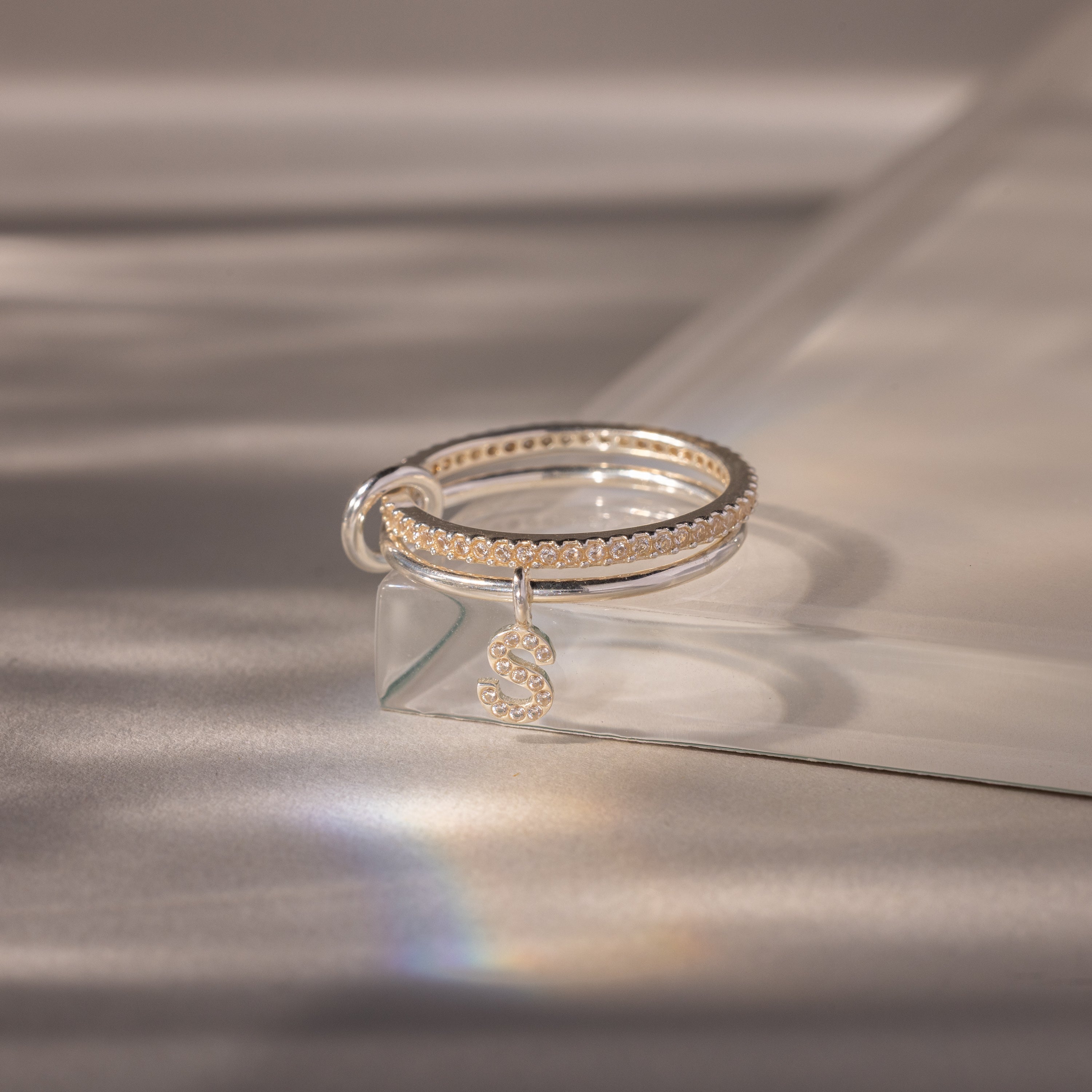 Linked Initial Birthstone Ring Set