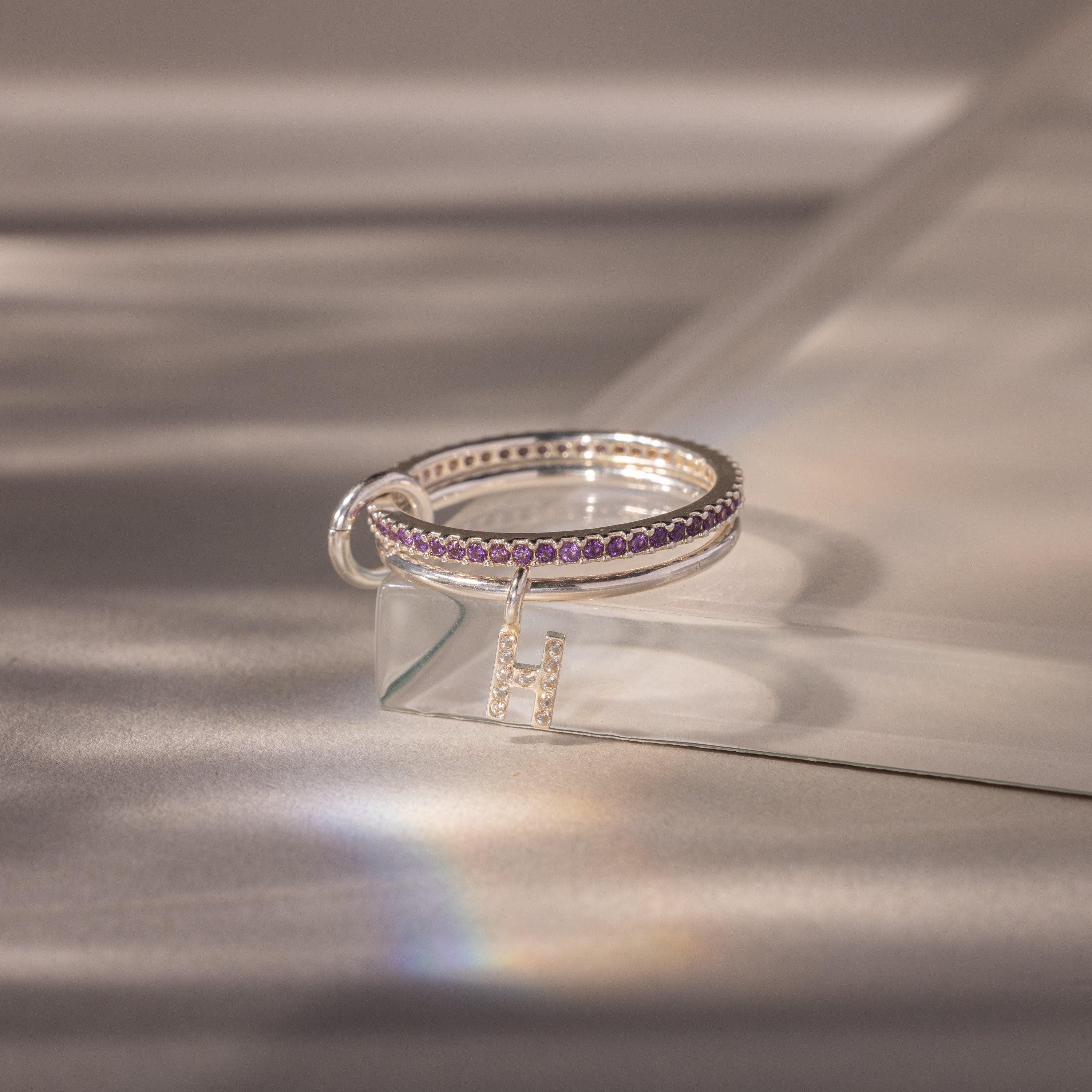 Linked Initial Birthstone Ring Set
