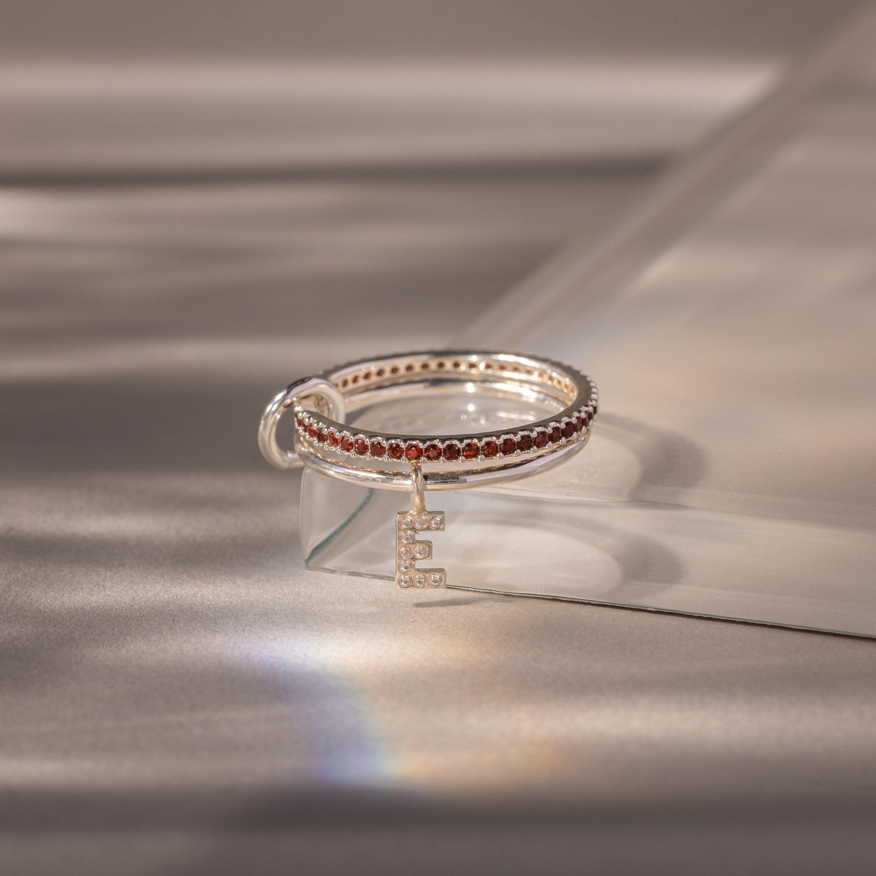 Linked Initial Birthstone Ring Set