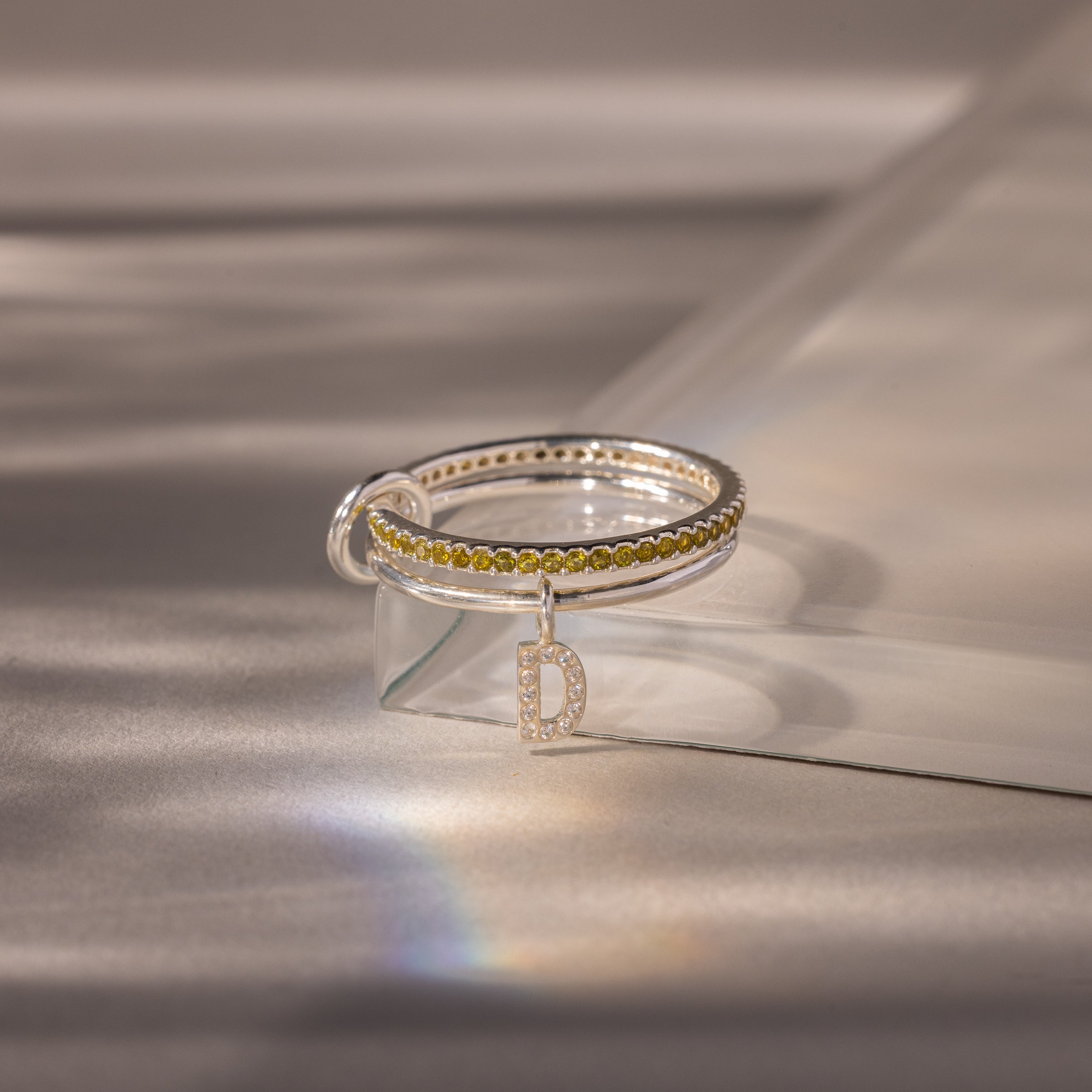 Linked Initial Birthstone Ring Set