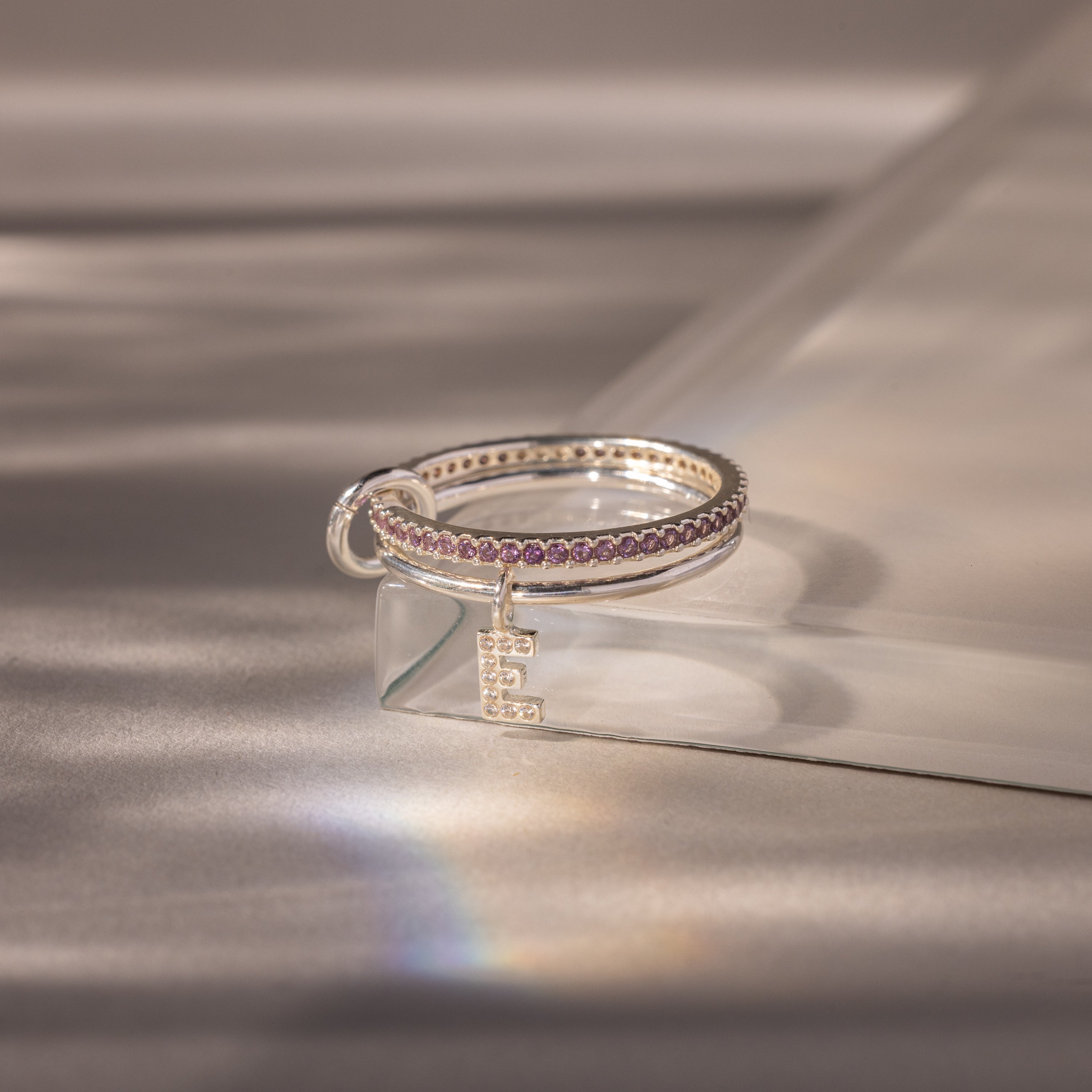 Linked Initial Birthstone Ring Set