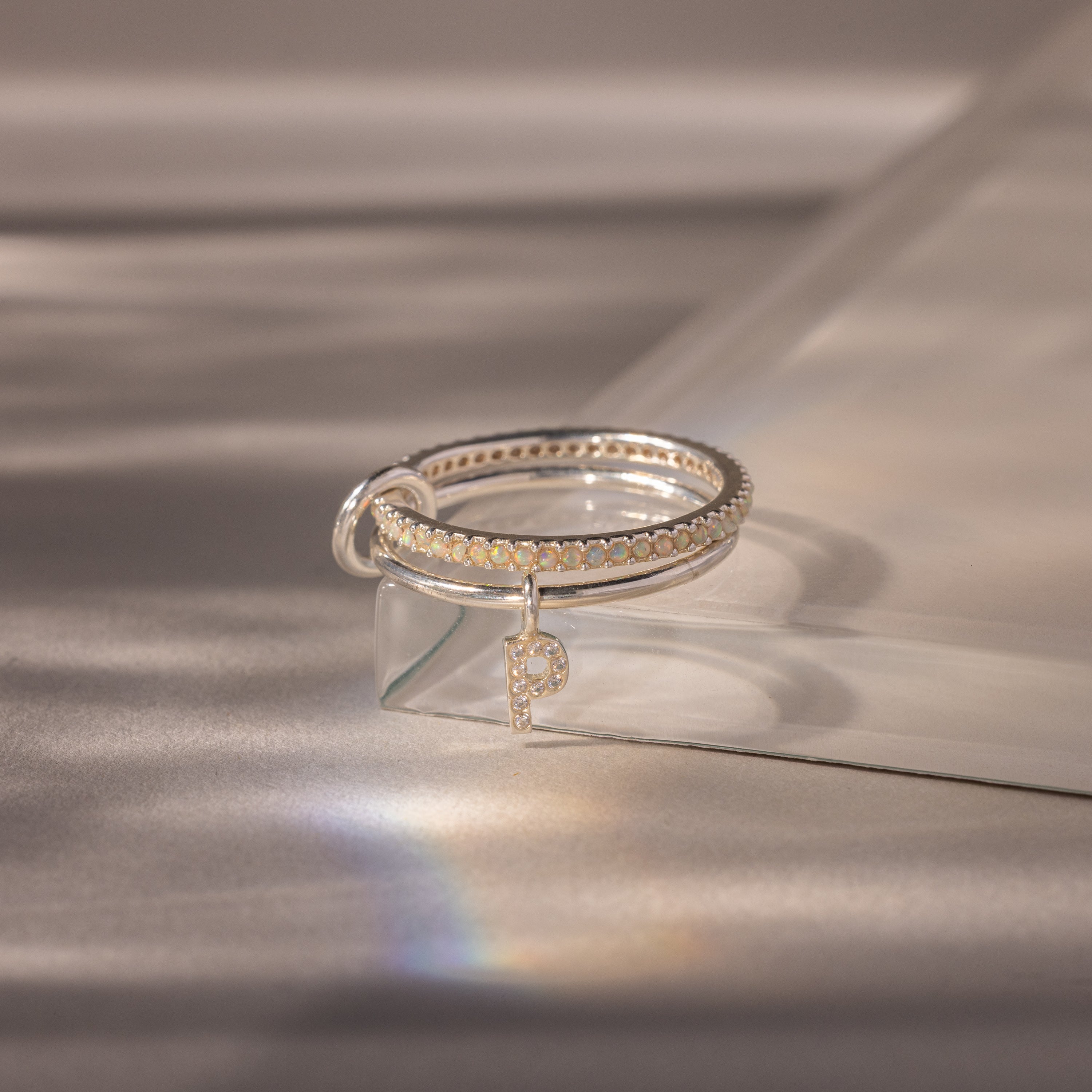 Linked Initial Birthstone Ring Set