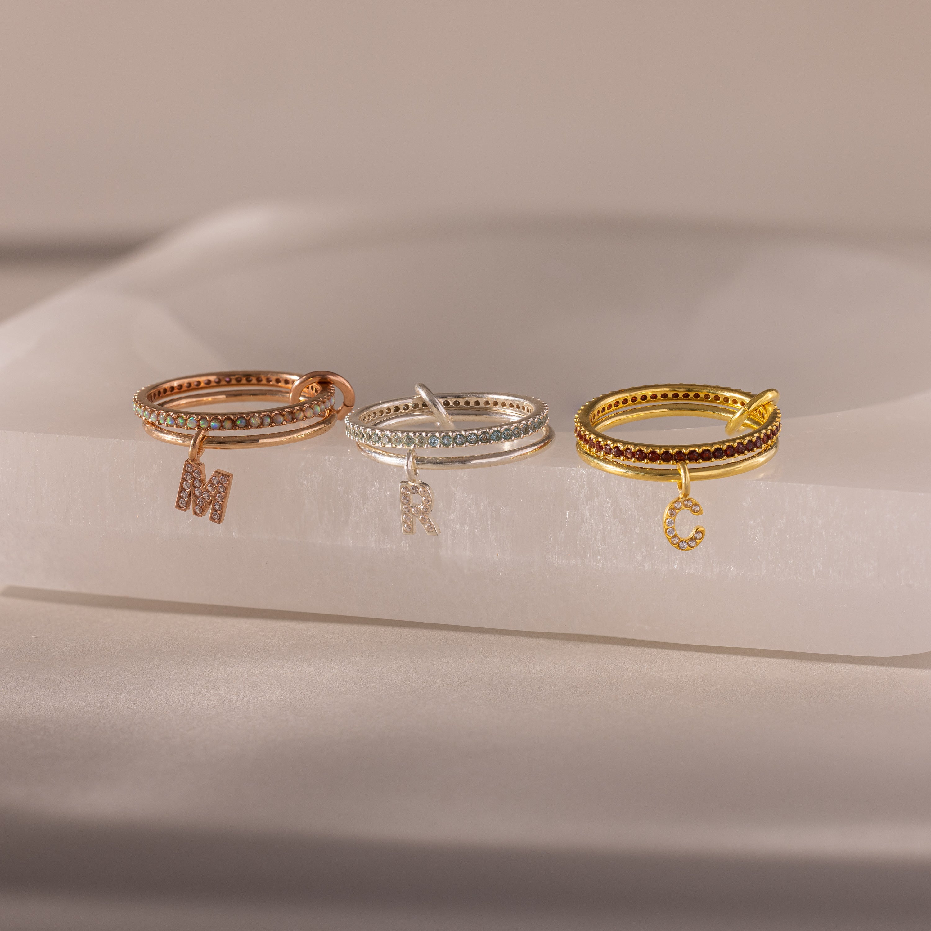 Linked Initial Birthstone Ring Set