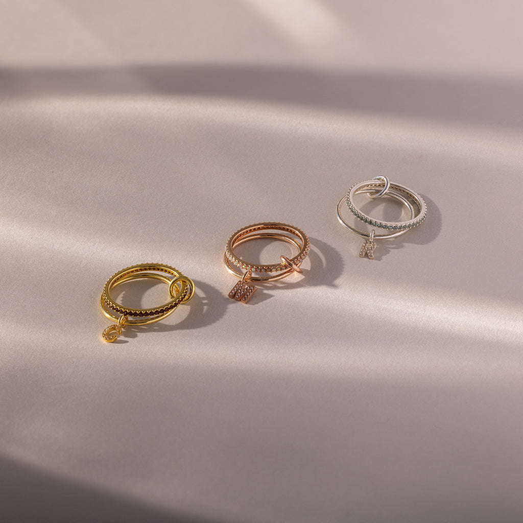 Linked Initial Birthstone Ring Set