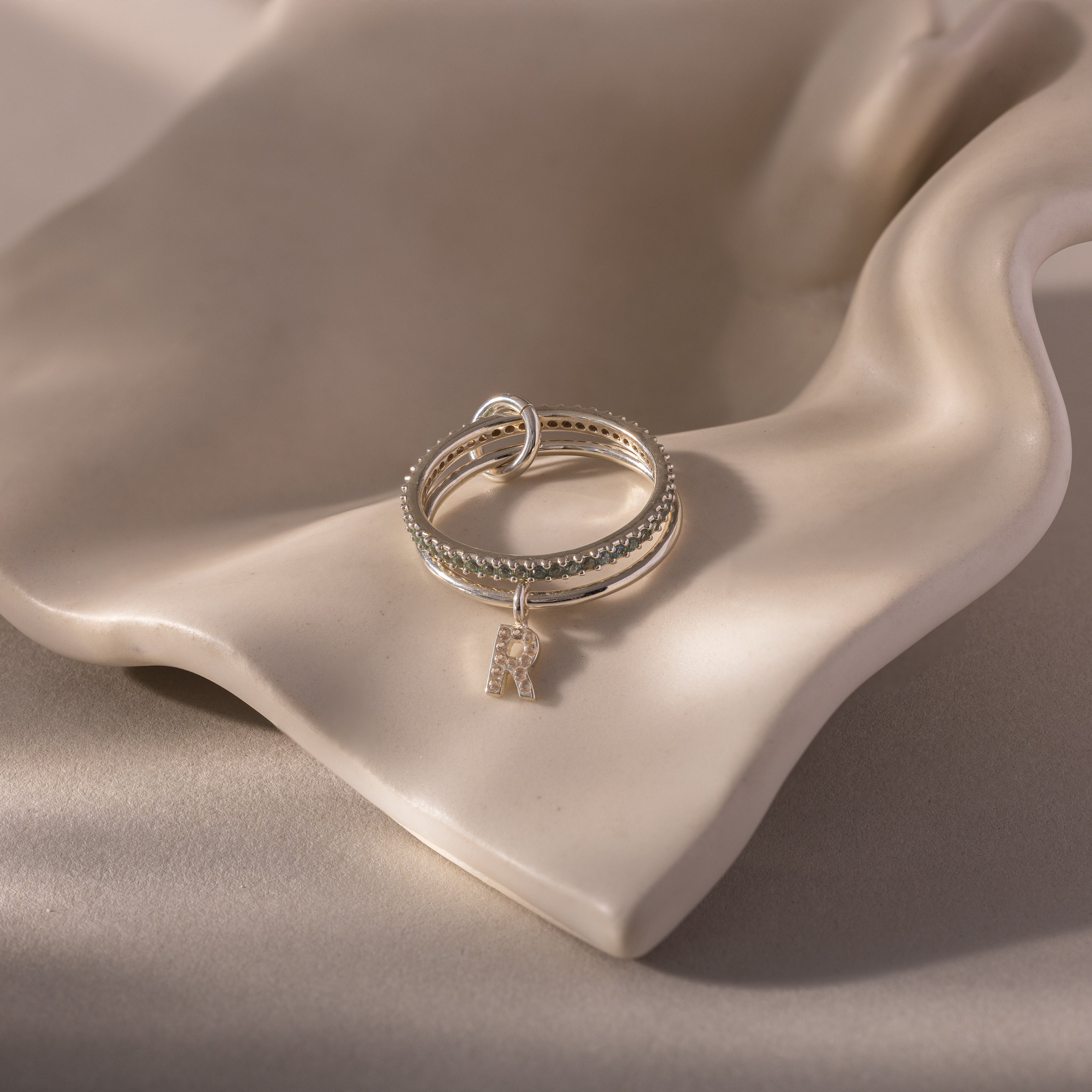 Linked Initial Birthstone Ring Set