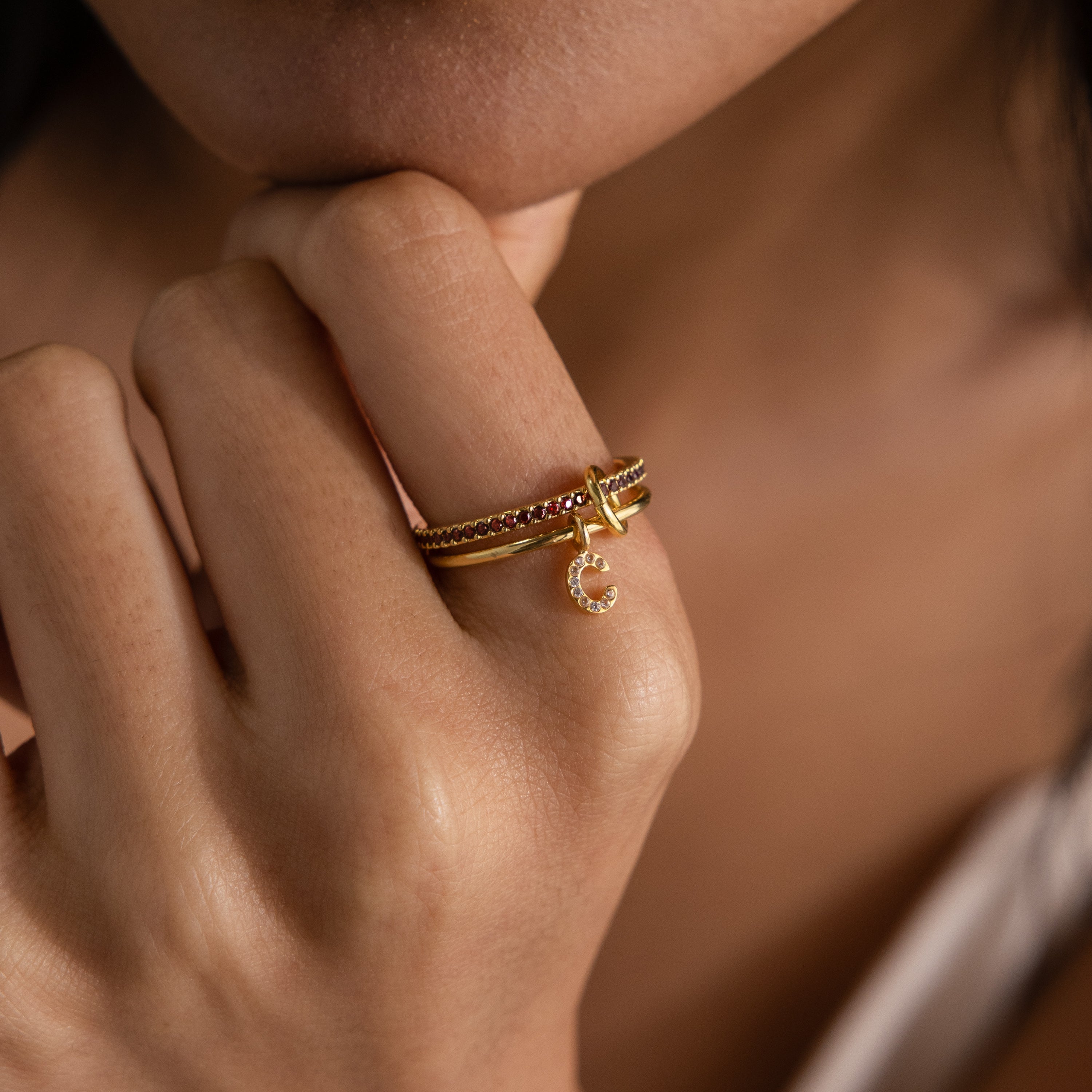 Linked Initial Birthstone Ring Set