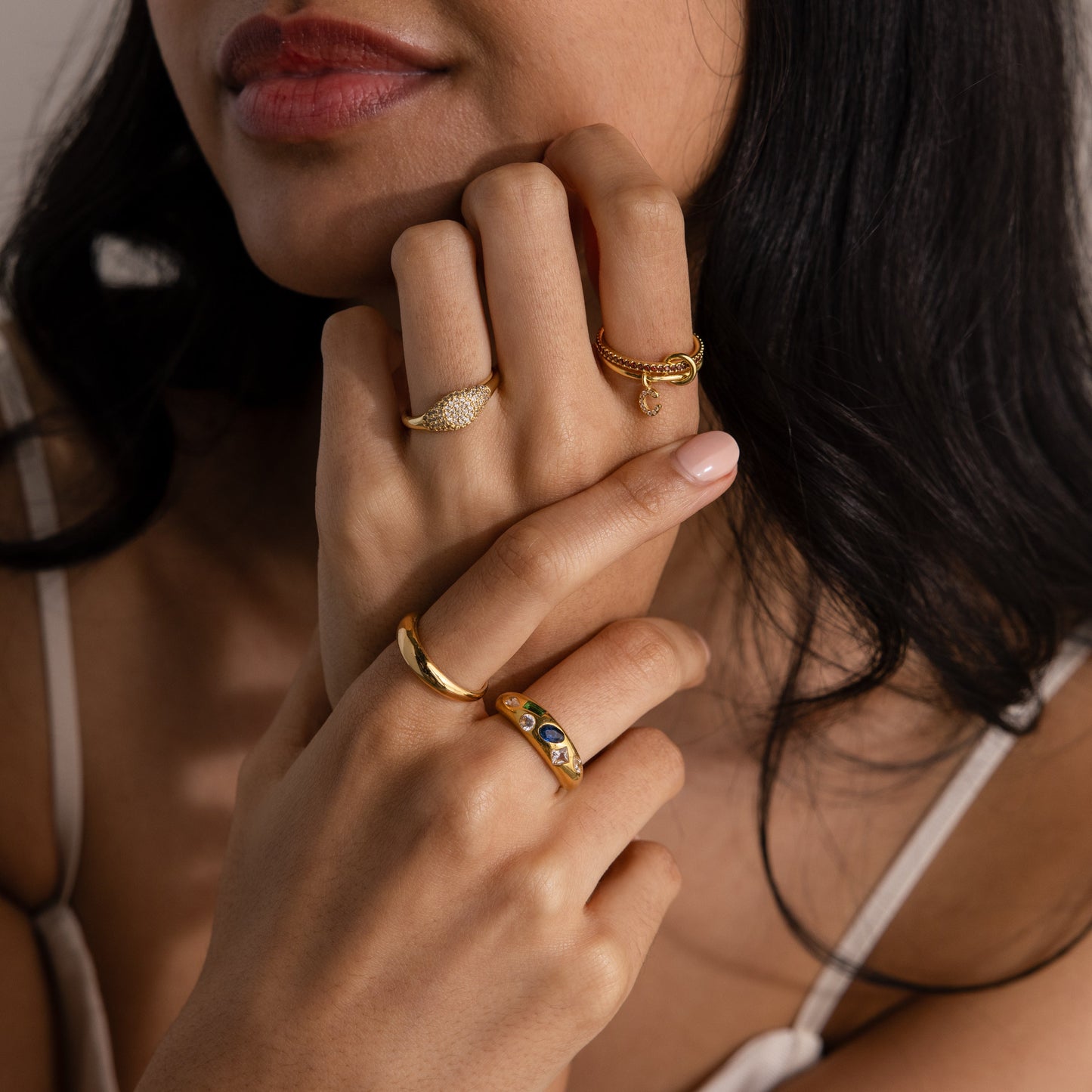 Linked Initial Birthstone Ring Set