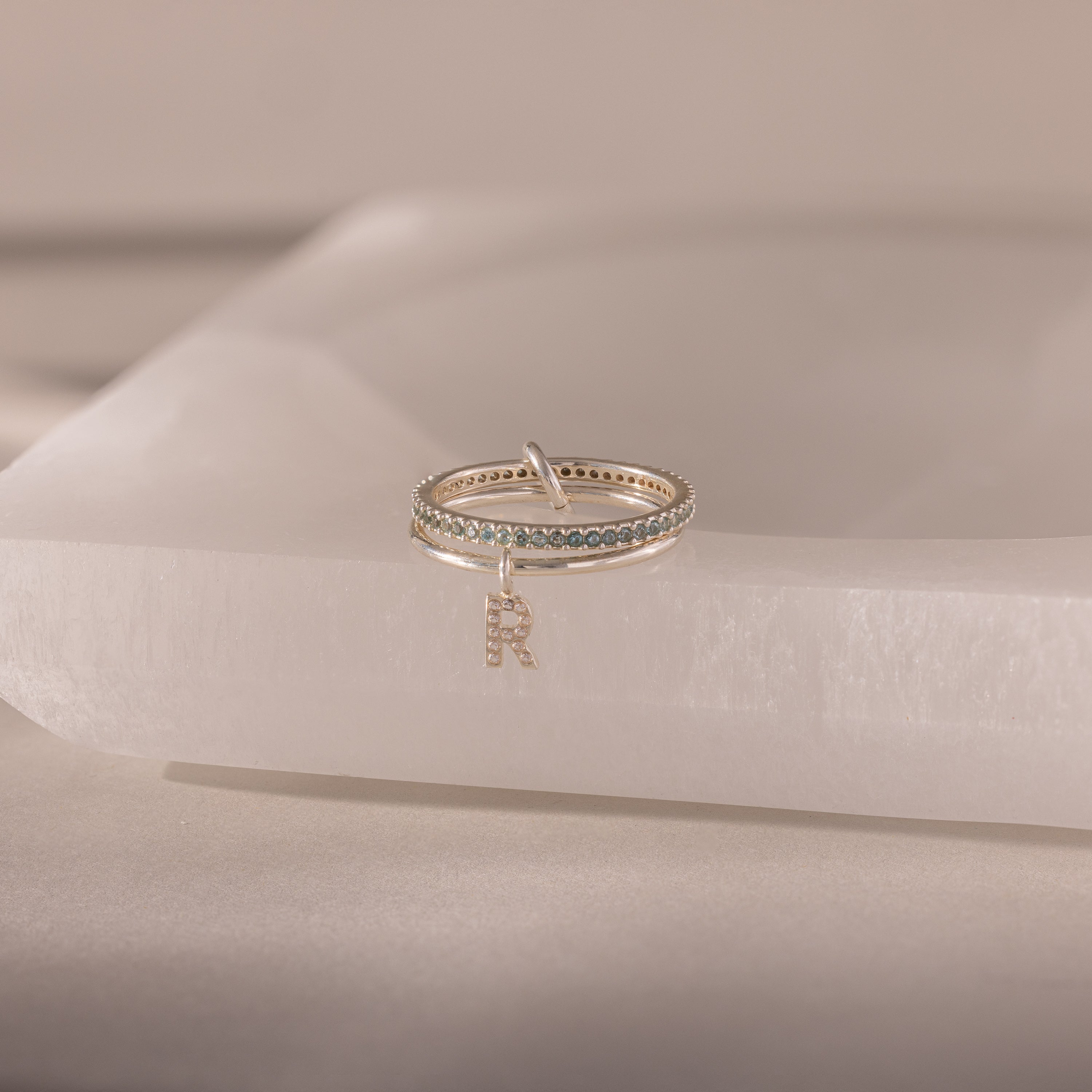 Linked Initial Birthstone Ring Set