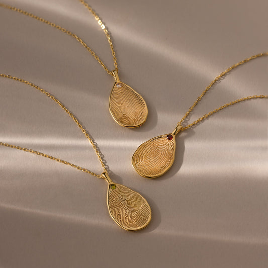 Fingerprint Birthstone Teardrop Necklace