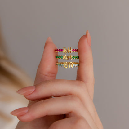 Duo Initial Birthstone Tennis Ring