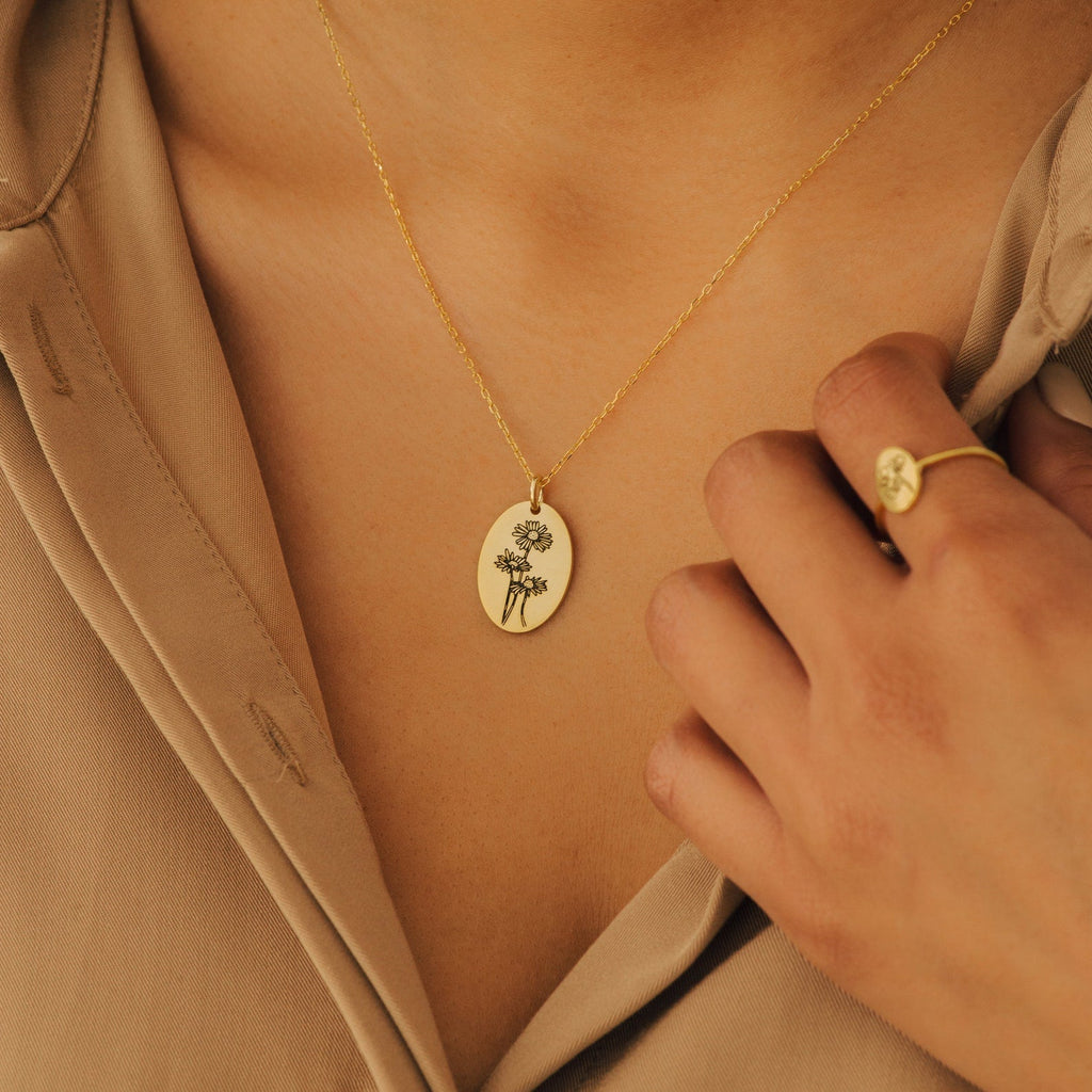Oval Birth Flower Necklace