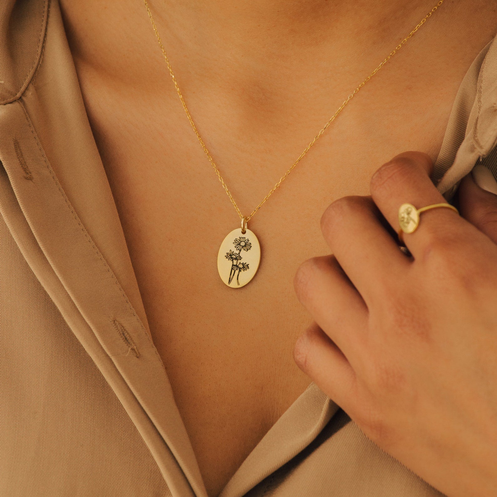 Oval Birth Flower Necklace