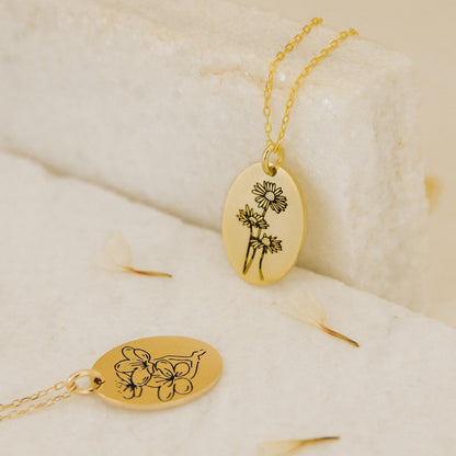 Oval Birth Flower Necklace