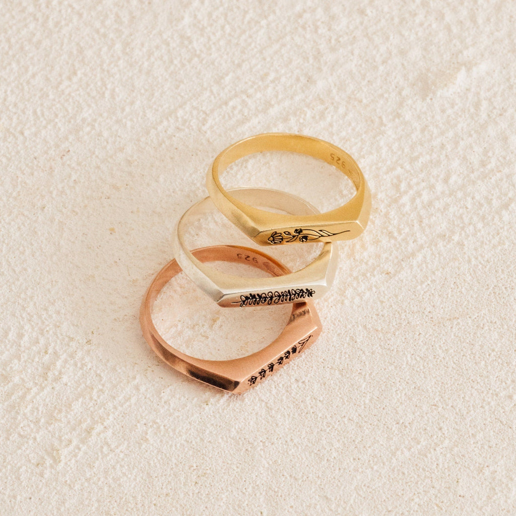 Thin Birth Flower Signet Ring