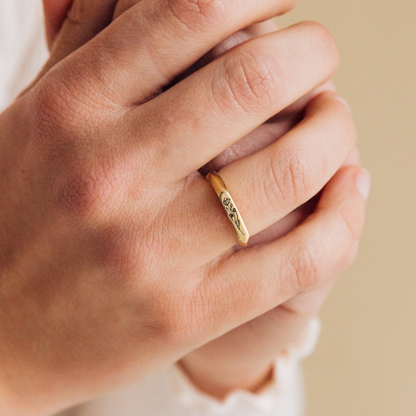 Thin Birth Flower Signet Ring