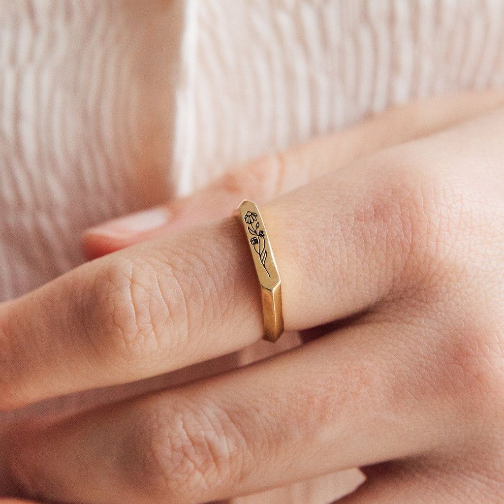 Thin Birth Flower Signet Ring