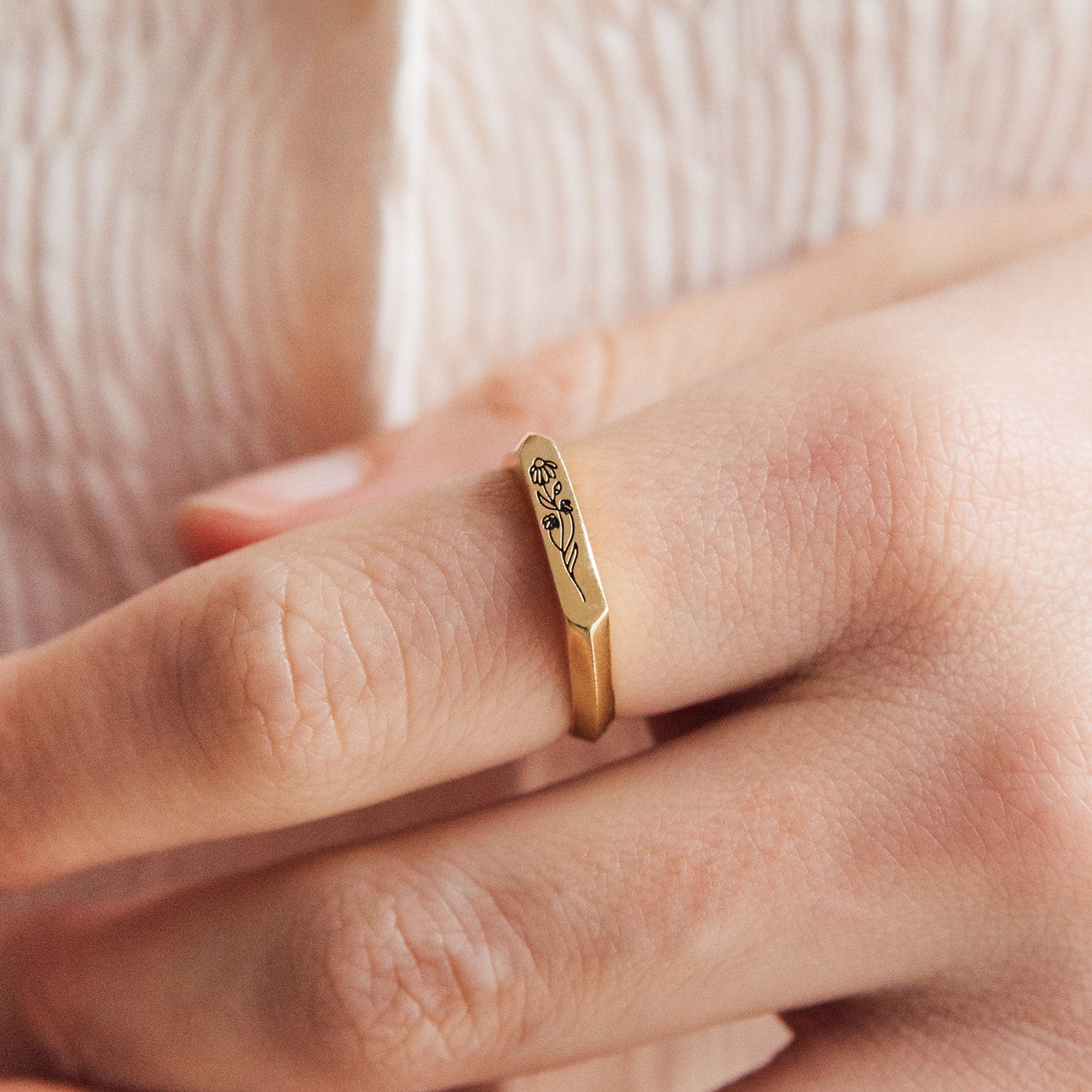Thin Birth Flower Signet Ring
