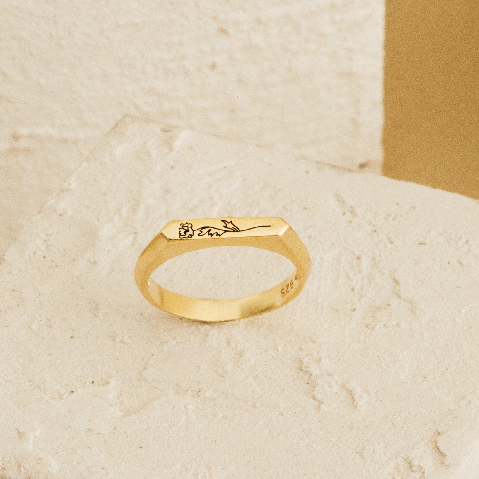 Thin Birth Flower Signet Ring