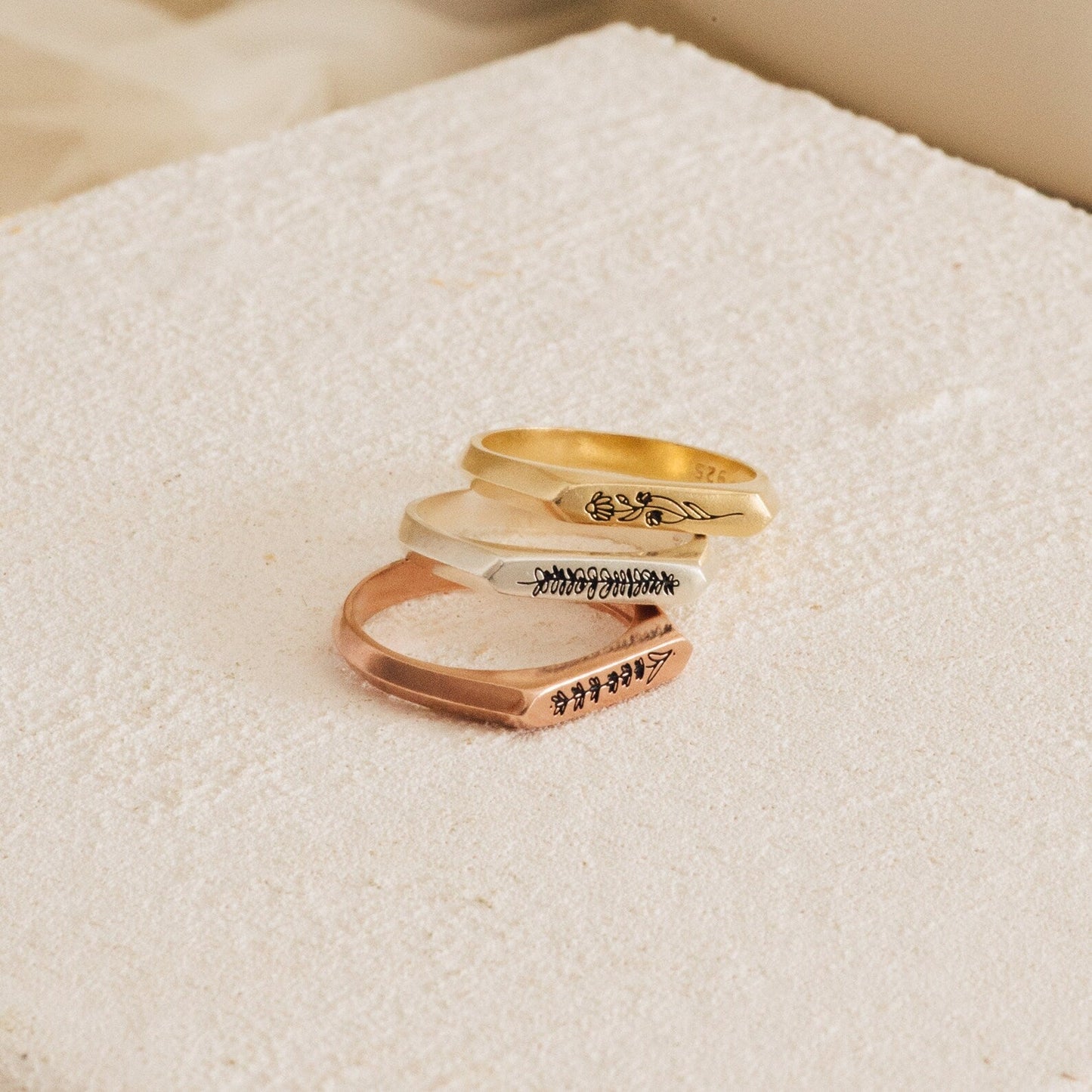 Thin Birth Flower Signet Ring
