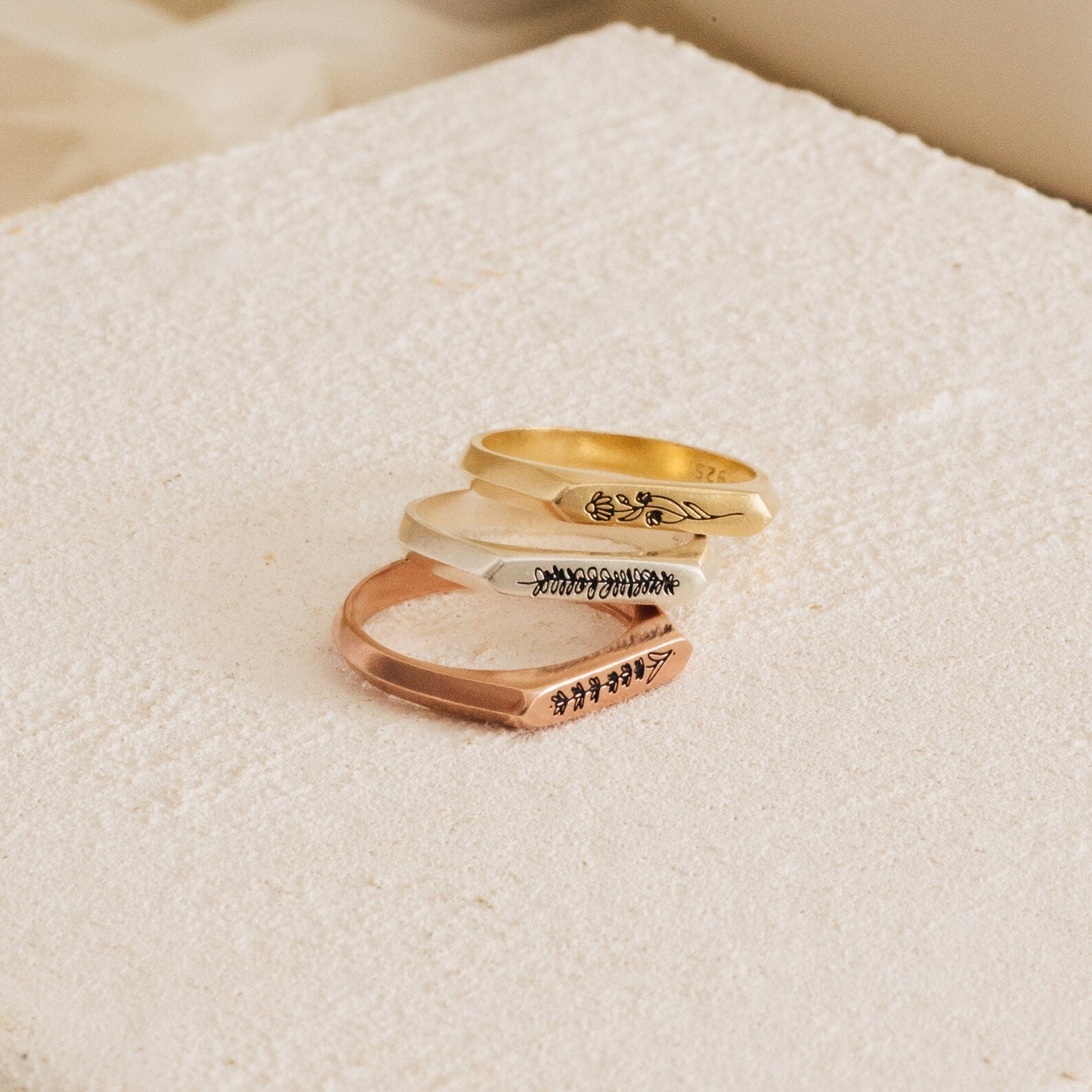 Thin Birth Flower Signet Ring