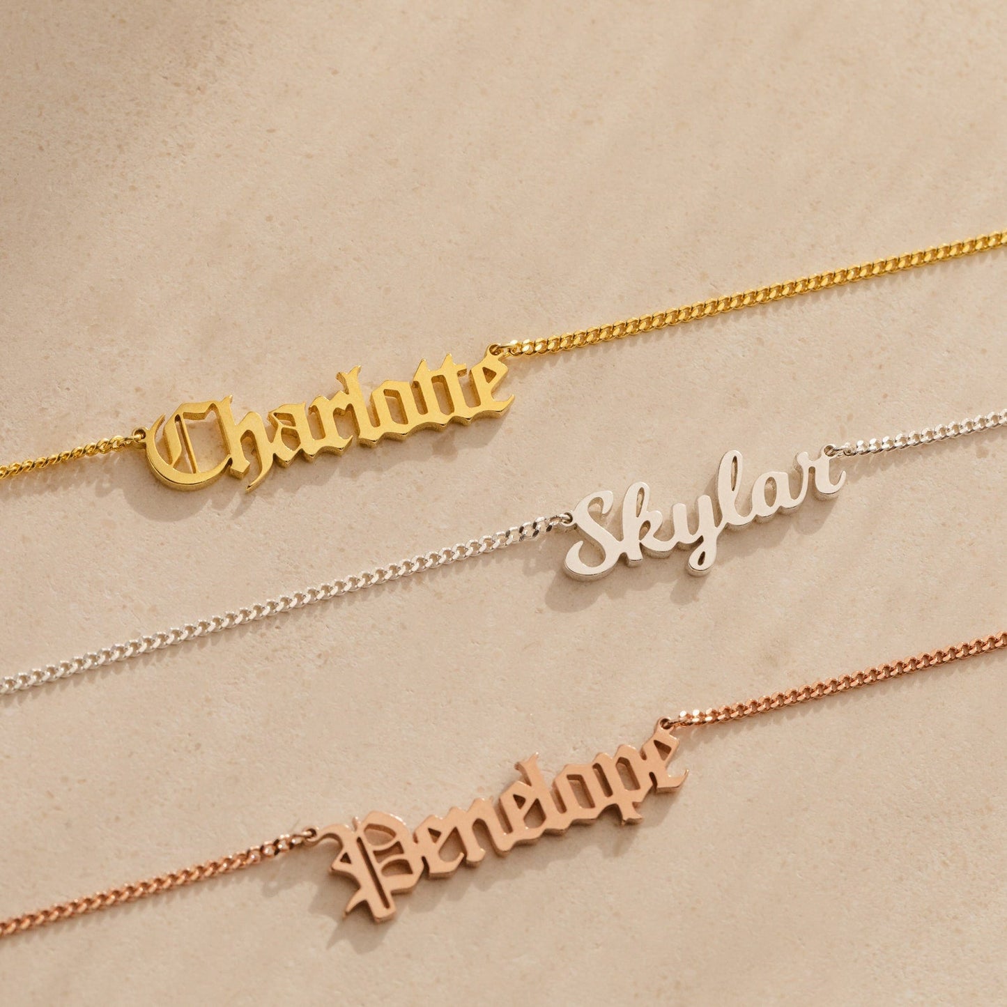 Old English Name Necklace in Curb Chain