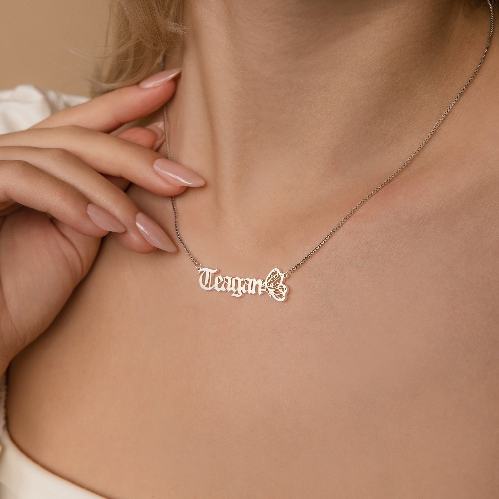 Butterfly Name Necklace in Box Chain