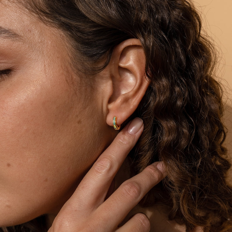 Opal Inlay Huggie Earrings Set by Caitlyn Minimalist • Dainty White Opal Earrings