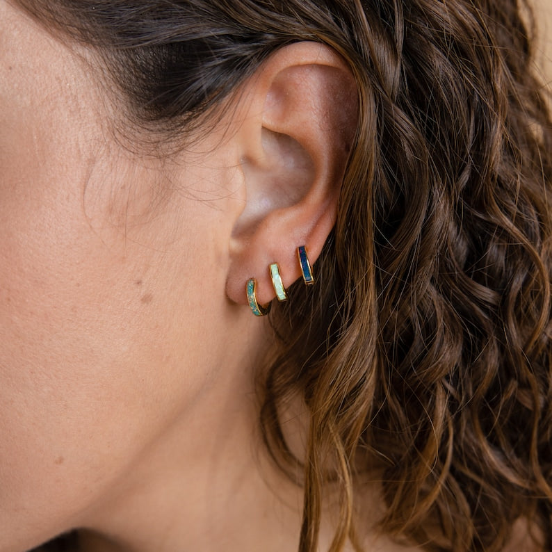 Opal Inlay Huggie Earrings Set by Caitlyn Minimalist • Dainty White Opal Earrings