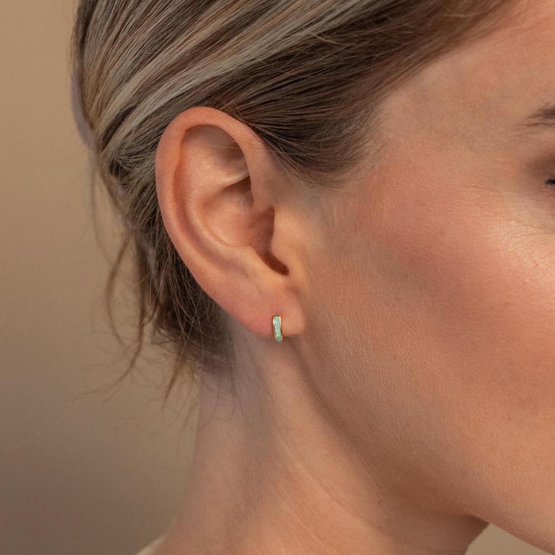 Opal Inlay Huggie Earrings Set by Caitlyn Minimalist • Dainty White Opal Earrings