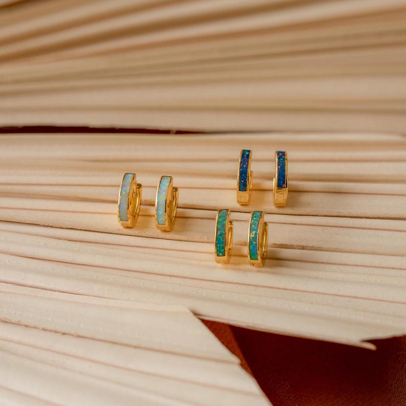 Opal Inlay Huggie Earrings Set by Caitlyn Minimalist • Dainty White Opal Earrings