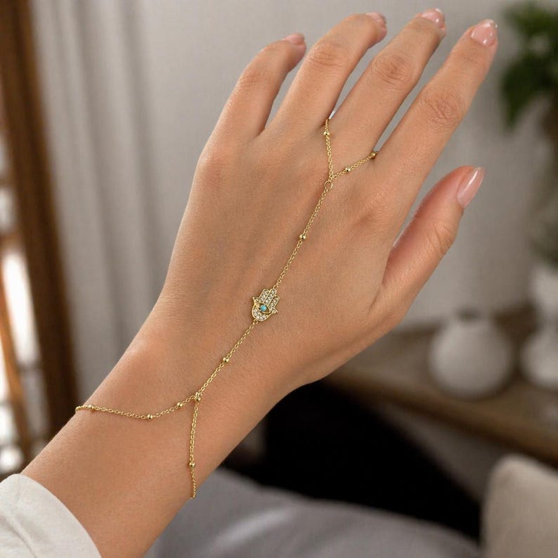 Gold Hamsa Hand Chain, Minimalist Slave Bracelet,