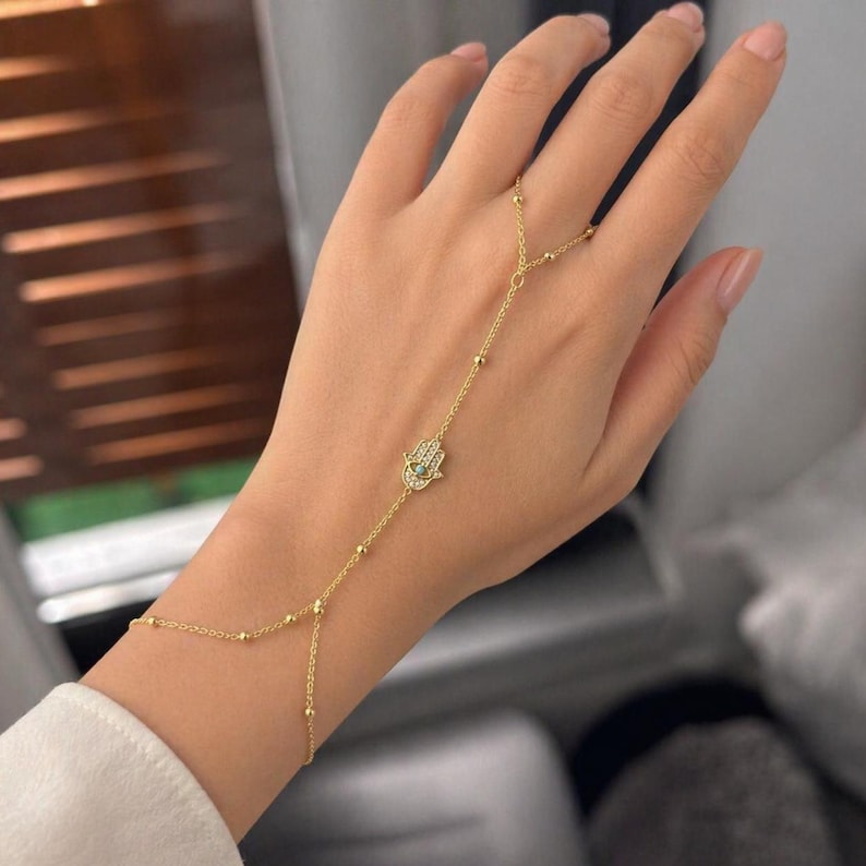 Gold Hamsa Hand Chain, Minimalist Slave Bracelet,