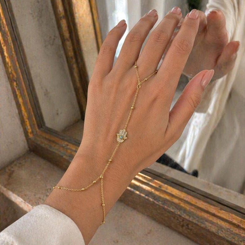 Gold Hamsa Hand Chain, Minimalist Slave Bracelet,