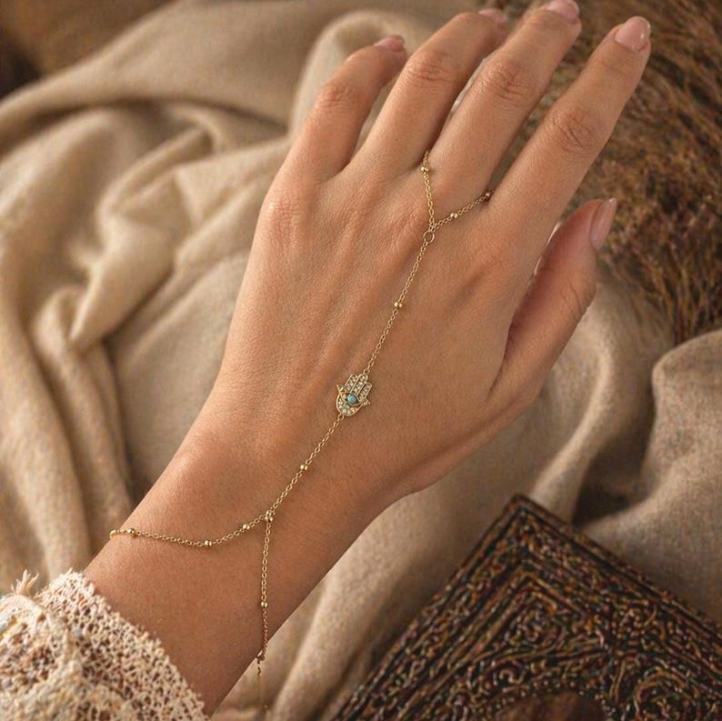 Gold Hamsa Hand Chain, Minimalist Slave Bracelet,