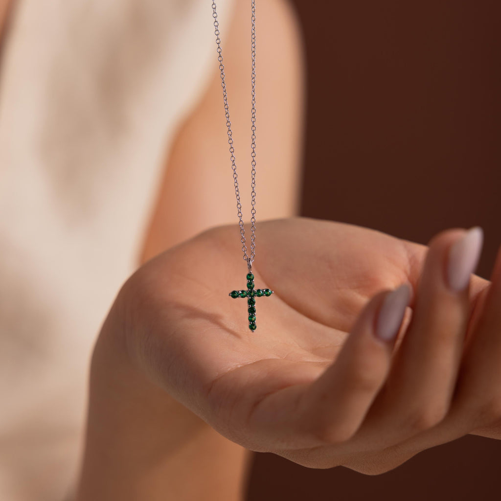 Pave Emerald Cross Necklace