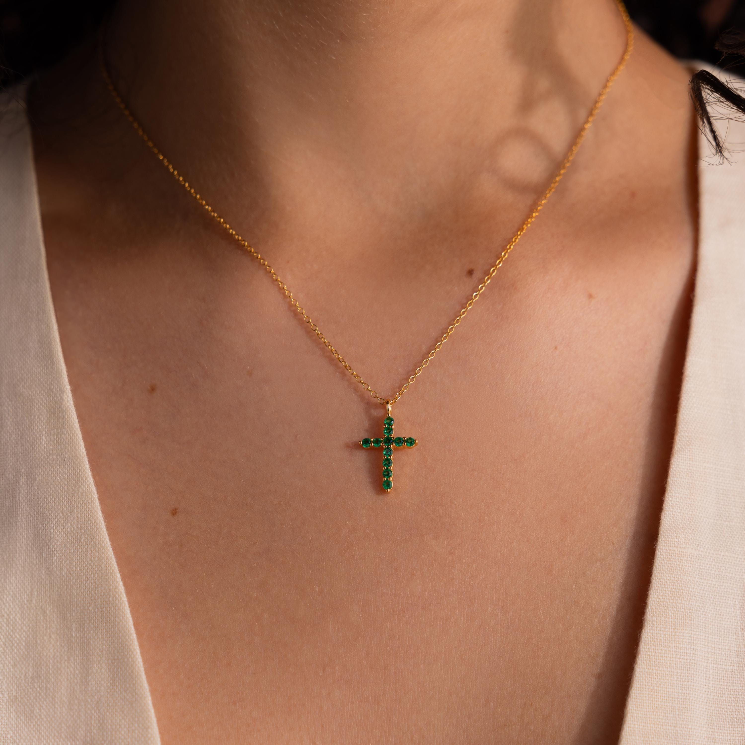 Pave Emerald Cross Necklace